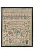 A Victorian needlework sampler, by Ann Baker, aged 12 years, died Sept. 7 1853, embroidered with the