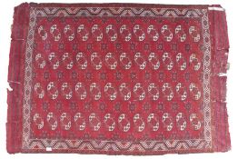 A Large Turkomen rug, set with a red blue and white ground with four rows of guls with a hooked