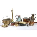 Mixed brass and copper, to include four preserve pans, watering can, table lamp, jugs, saucepans,