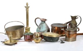 Mixed brass and copper, to include four preserve pans, watering can, table lamp, jugs, saucepans,