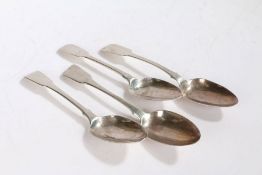 Four George III and later silver dessert spoons, various dates and makers, all with fiddle pattern