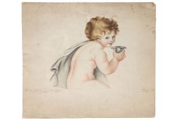After Bartolozzi, study of Putto, indistinctly signed watercolour and dated 1816?, unframed 29.5cm