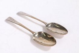 A pair of George III silver tablespoons, Exeter 1783, maker Joseph Hicks, the bright-cut decorated