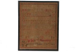 A 19th century needlework sampler, by Margaret Moser Dec. 1832 or 82', embroidered with the