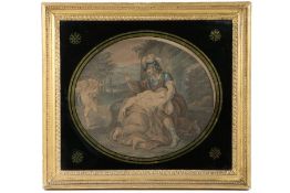 After Angelica Kauffman, colour engraving, verre eglomise frame and a pair of colour engravings