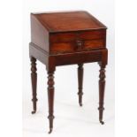 A Victorian mahogany writing box and stand, with sloping hinged lid, the stand with turned legs