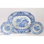 A Masons blue pheasants pattern transfer decorated meat plate and pair of shallow dishes, the meat