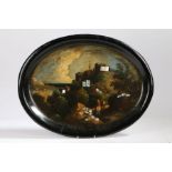 A Victorian papier mache and mother of pearl inlaid tray, of oval form, painted with a scene of a