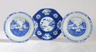 A Bow octagonal Chinoiserie plate, circa 1760, the blue ground with fan and roundel cartouches