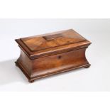 A Victorian rosewood sarcophagus tea caddy, the hinged lid enclosing a glass mixing bowl and twin