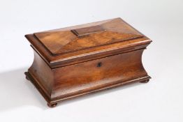 A Victorian rosewood sarcophagus tea caddy, the hinged lid enclosing a glass mixing bowl and twin