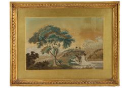 A 19th Century woolwork picture depicting a landscape scene with two figures on a bridge, housed