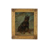 A small oil on board depicting a seated dog, signed indistinctly lower left, housed in a gilt frame,