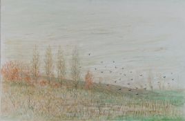 Elinor Bellingham Smith (1906-1988) Panoramic landscape with flock of birds, initialled 'EBS' (