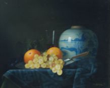 Jean Grimal (French, 1942-1998) Still Life of Fruit and Ginger Jar signed (lower right), oil on