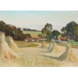 Attributed to William Evans Linton, RWA (British, 1878-c1956) Harvest Field, Village Beyond oil on