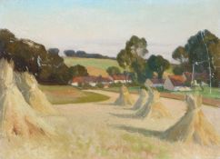 Attributed to William Evans Linton, RWA (British, 1878-c1956) Harvest Field, Village Beyond oil on