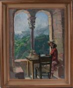 Caroline Romer (British, b.1955) Lady Seated at a Table Overlooking an Alpine Landscape Through an
