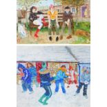 John P Digby (20th Century) Park Bench & Snowball Fight two oils on canvas 50 x 61cm (20" x 24") &