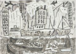 Malcolm Moseley (British, Born 1947) 'Boats and Barges' signed (lower left), mixed media 20 x