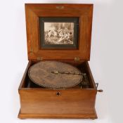 A large 19th century mahogany and marquetry floral inlaid Polyphon, the hinged lid with interior