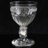 Large ovoid bowl Goblet c1790 with 1787 shilling in stem. Bowl finely engraved with matted diamond