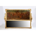 A 19th century gilt over mantle mirror, having a classical oil on canvass depicting angels and