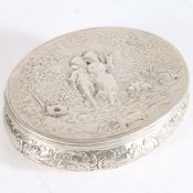 A German solid silver table box depicting two children in an orchard, Hanau, Pesudo marks, Karl