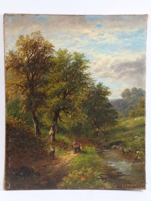 George B Yarnold (British, 19th Century) "Figures Berry Picking by a Woodland Stream" Oil on canvas,