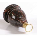 A gold mounted chalcedony desk seal, with mottled brown hardstone baluster handle and part fluted