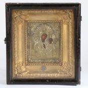 A Old Master icon of Kazanskaya, Mother of God, oil on panel with brass overlay, gilt frame within a
