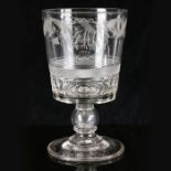 Large bucket bowled Goblet c1820 with 1819 coin in knop. Bowl engraved with oak leaves & monogram