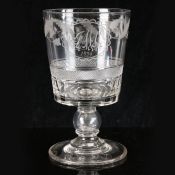 Large bucket bowled Goblet c1820 with 1819 coin in knop. Bowl engraved with oak leaves & monogram