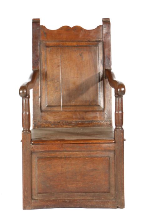 An oak and walnut box-seat open armchair, circa 1700 Having a fielded and moulded plain back - Image 2 of 2