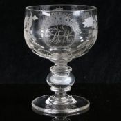 English cup bowled goblet, circa 1840. Finely engraved with thistles and roses, monogrammed with