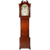 A George III mahogany and oak long case clock by Jno Bloor of Newcastle, having a swan neck pediment