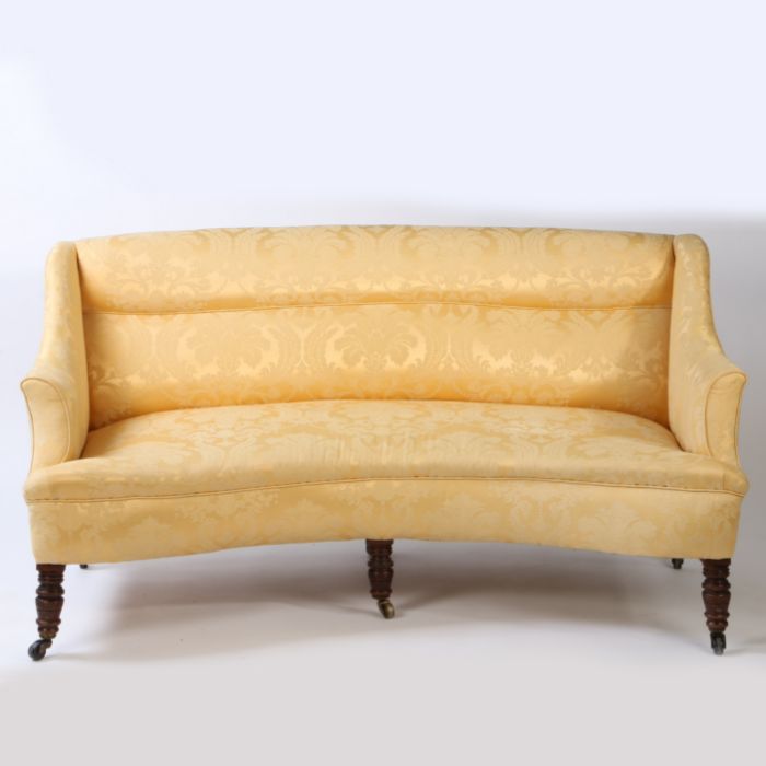 A Pair of Victorian curved settees, each with yellow floral upholstery, the curved seats each raised - Image 2 of 2