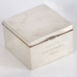Early 20th century Presentation Cigarette Box, white metal, wood lined, engraved to the lid with the