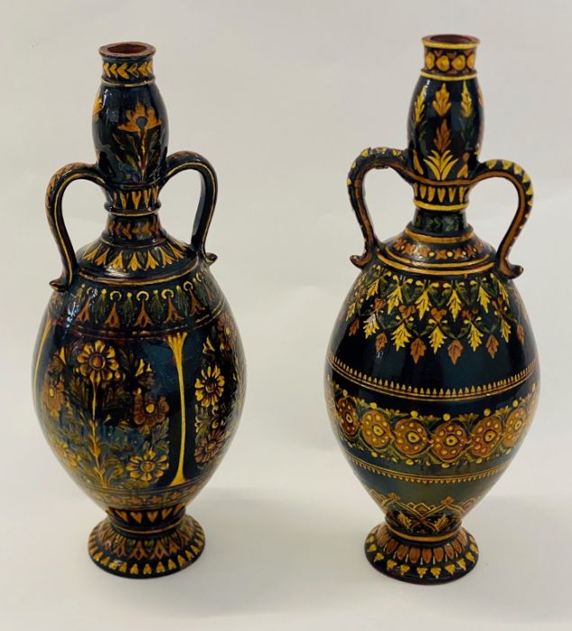 Pair of two c1890 Bombay School of Art Pottery Vases, hand made terracotta, hand painted and