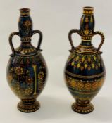 Pair of two c1890 Bombay School of Art Pottery Vases, hand made terracotta, hand painted and