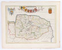 Copper engraved, hand coloured map of 'Norfolcia', John Blaeu 1648 from 'Atlas Maior, Sive