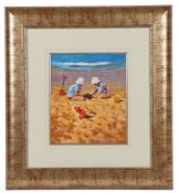Michael J Sanders (British, Contemporary) Children on a Beach signed (lower right), oil on board