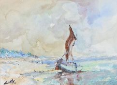 Jack Cox (British, 1914-2007) Moored Sailing Boat  signed (lower left), watercolour 16 x 22cm (6.