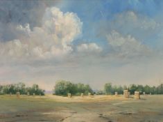 Peter Knights (British, 20th Century) Harvest Field signed (lower right), oil on board 44 x 60cm (