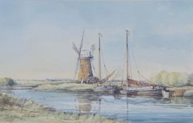 Graham Howlett (British, 1943-2021) Wherries Passing a Norfolk Mill signed (lower left), watercolour