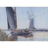 Charles Mayes Wigg (British, 1889-1969) Wherry Passing a Mill signed (lower right), watercolour 25 x