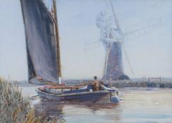 Charles Mayes Wigg (British, 1889-1969) Wherry Passing a Mill signed (lower right), watercolour 25 x