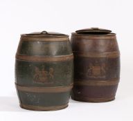 Two early 20th century Colman's Mustard barrels, one painted in green, the other in red, both with