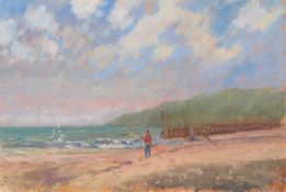 Keith Johnson (British, 1931-2018) North Norfolk Coastal Scene with Fisherman signed Keith