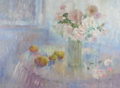 Pamela Noyes (British, b.1929) Still Life of Roses in a Glass Vase and Lemons on a Table signed (
